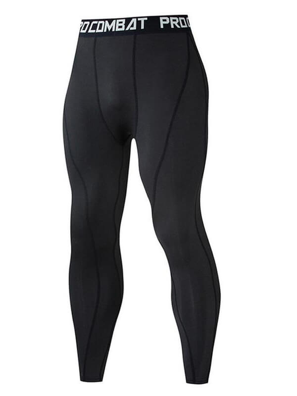 Men's black compression tight leggings for running with elastic waist, lightweight poplin fabric for comfort and flexibility.